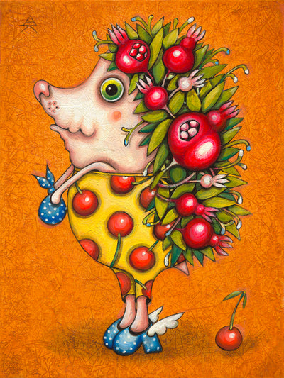 Ukrainian Art for sale. Pomegranate Hedgehog by Alyona Krutogolova, contemporary Ukrainian artist. Only at Art House SF. Oil on canvas.