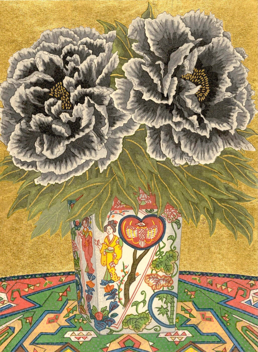 Black Peonies | Japanese Woodblock Print for Sale