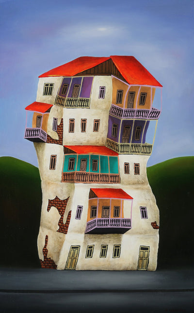 Georgian artist George Abramidze art for sale, oil.  Dancing, twisted houses series with balconies and red roofs