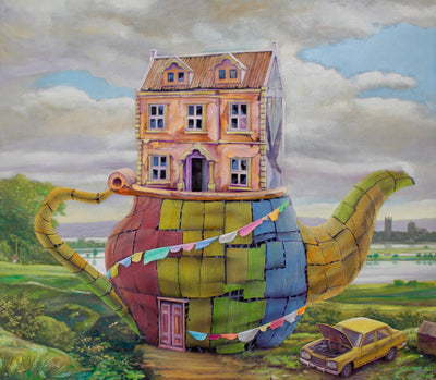 Dystopian art for sale by Lobsang Durney.  Surreal landscape with a teapot and broken car. Main view