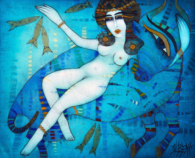 Albena Vatcheva art for sale. L'enlèvement d’Europe.  A naked women on a bull seeking protection