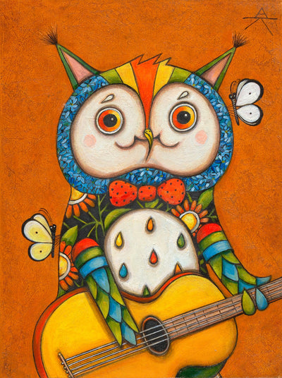 Children room art for sale by Ukrainian artist. Colorful and cute Kiev owl playing bass guitar