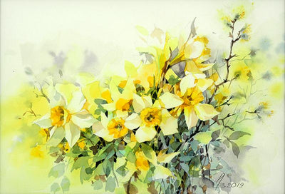 Watercolor garden art for sale by Inna Petrashkevich from Belarus. April sun flowers