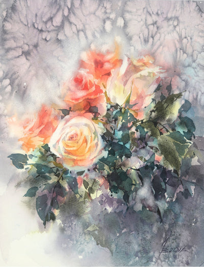 Watercolor garden art for sale by Inna Petrashkevich from Belarus. Pink and Red Roses