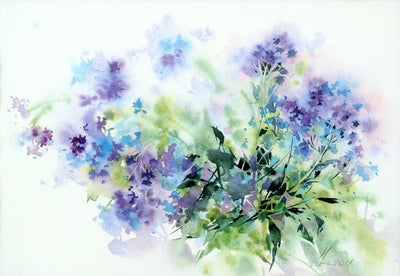 Watercolor garden art for sale by Inna Petrashkevich from Belarus. Purple, navy and blue flowers