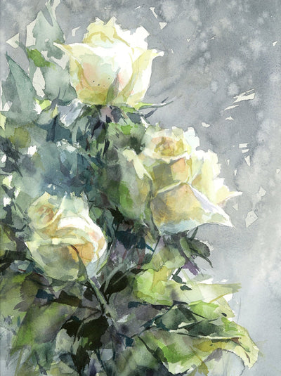 Watercolor garden art for sale by Inna Petrashkevich from Belarus. White Roses