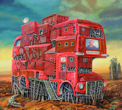 Dystopian art for sale by Lobsang Durney. Red double decker bus with Margaret Thatcher on TV and BREXIT sign. Main view