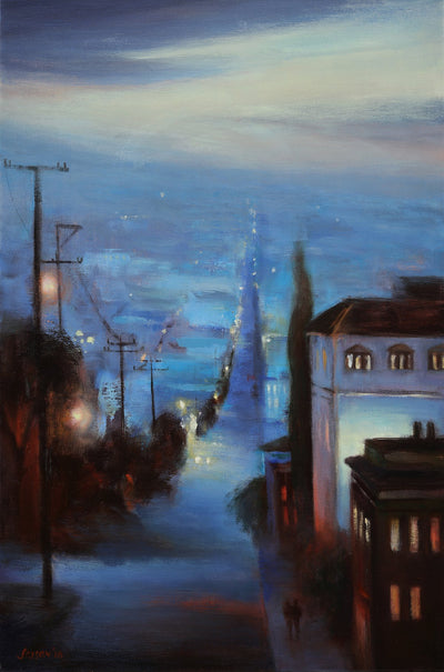 San Francisco cityscape art for sale by Carol Jessen.  Old san Francisco and covered by the fog