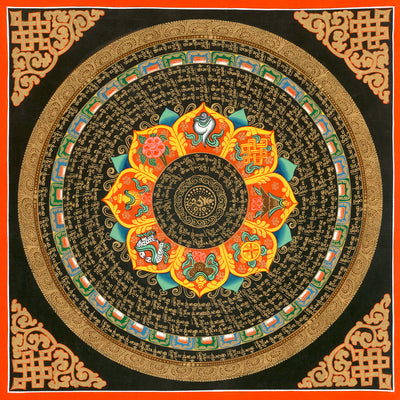 Mantra Mandala with Eight Auspicious Symbols by Nepalese Master Thangka artist Tashi Gurung from Upper Mustang, Nepal. Framed and ships from San Francisco, CA