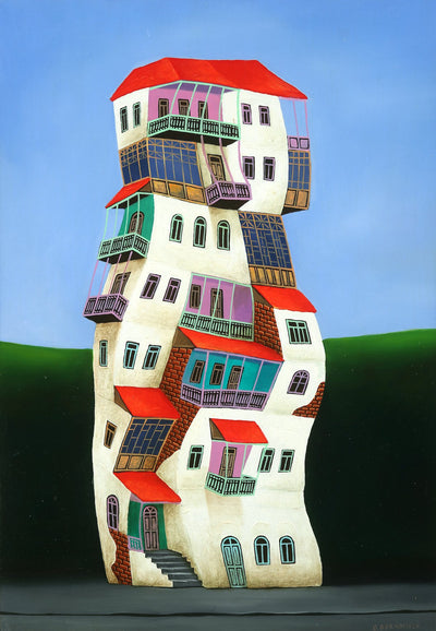 Georgian artist George Abramidze art for sale, oil.  Dancing houses with balconies, blue sky, red roofs. Medium
