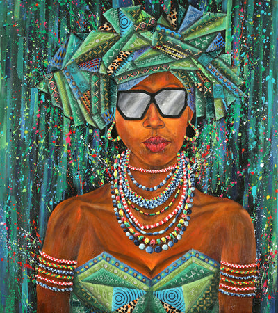 Beautiful African woman in a traditional green dress and head scarf.  Traditional Shweshee fabric collage in painting