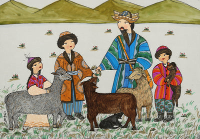 Kazakh Art. Original Kazakh paintings for sale. Birth of Lambs by GaBo Kussainov at Art House SF. Pastel on paper