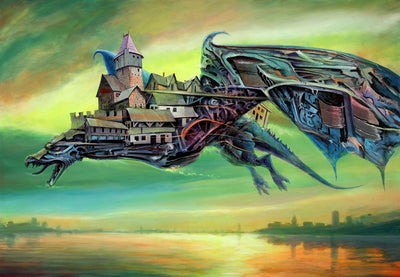 Surrealist art prints for sale. Chilean contemporary artist Lobsang Durney. Historia con Fin (Print) A green mechanical dragon flying over river with a castle on its back.