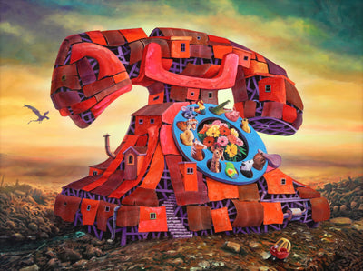 Surrealist art prints for sale. Chilean contemporary artist Lobsang Durney. Sin Contestacion (Print). Red rotary telephone with Noah’s Ark animals in it