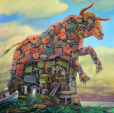 Dystopian art for sale by Lobsang Durney. Red mechanical bull, surreal landscape and abandoned ship.  Main view