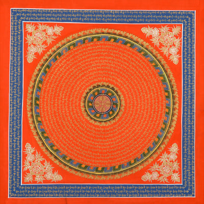 Mantra Mandala. Orange. by Nepalese Master Thangka artist Tashi Gurung from Upper Mustang, Nepal. Framed and ships from San Francisco, CA