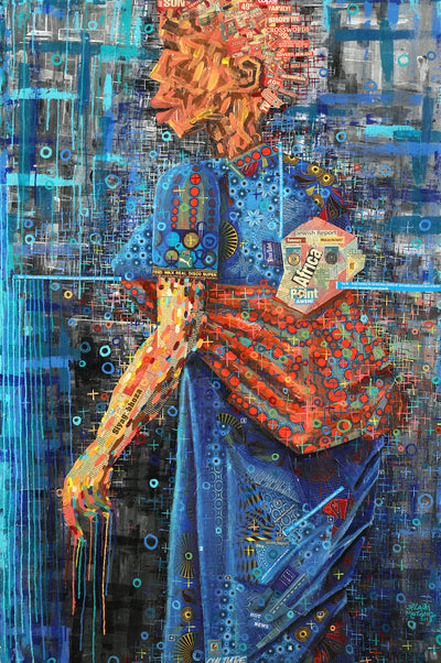 Beautiful African woman carrying a child on her back.  Traditional Shweshee fabric collage in painting