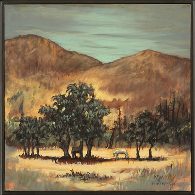 Chilean landscape by Eduardo Mena.  Brown and yellow oil painting.  Horses are grazing