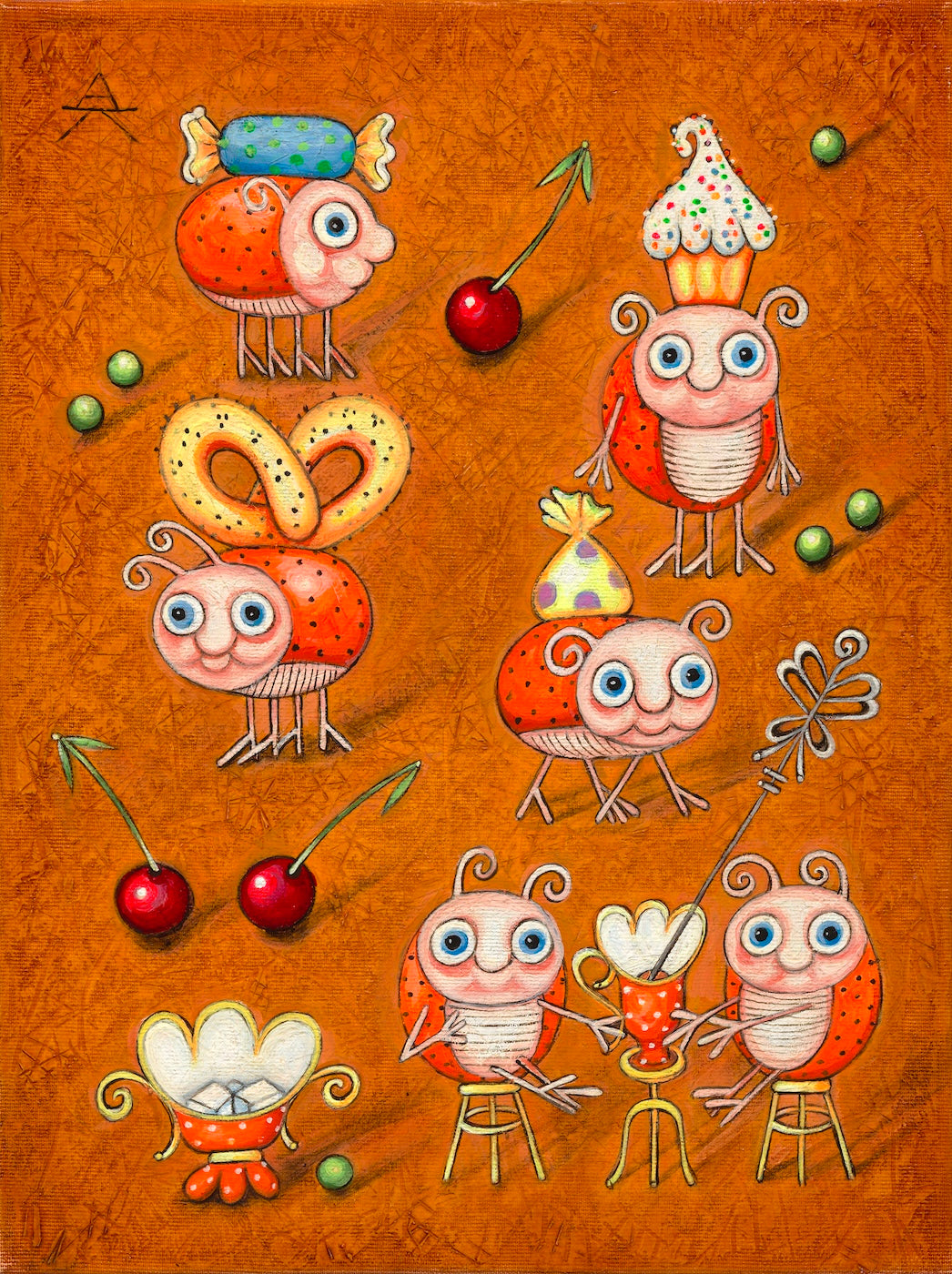 Ladybugs are drinking tea from the family tea set