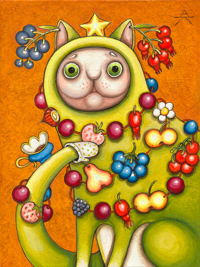 Ukrainian Art for sale. Christmas Cat by Alyona Krutogolova, contemporary Ukrainian artist. Only at Art House SF. Oil on canvas.
