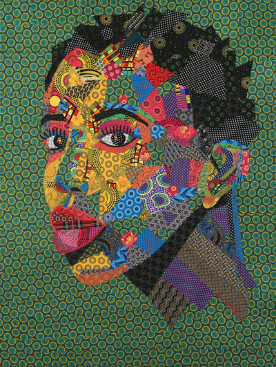 Portrait of a woman from Johannesburg in South Africa.  Painting made with Shweshwe fabric from south africa