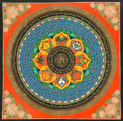 Mantra Mandala with Eight Auspicious Symbols by Nepalese Master Thangka artist Tashi Gurung from Upper Mustang, Nepal. Framed and ships from San Francisco, CA