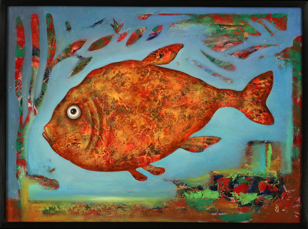 現代アート　オオヤサヤカ　Red orange fish　コラージュアート george-abramidze-orange-fish-
