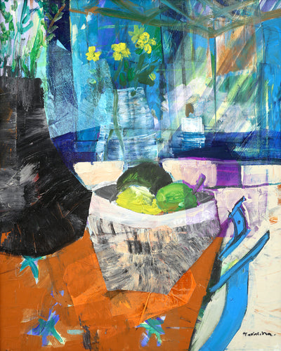 Israeli Art for sale. My House, Blue Still Life (Print) by Tavalina, an Israeli contemporary abstract artist. Only at Art House SF. Canvas Print.