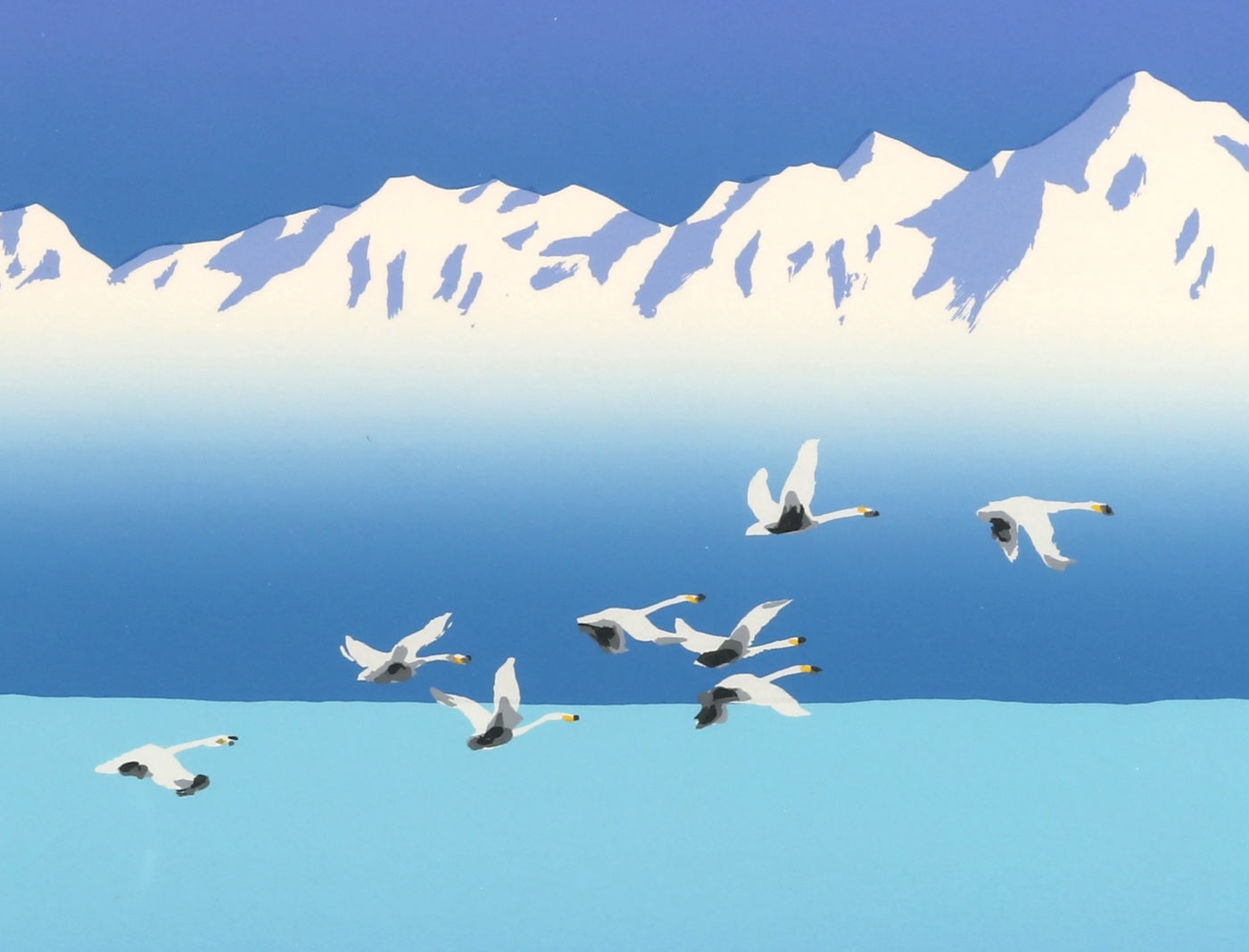 Three White Worlds (Shiretoko Mountain Range) Japanese landscape artwork with swans flying over water and snow-capped mountains.