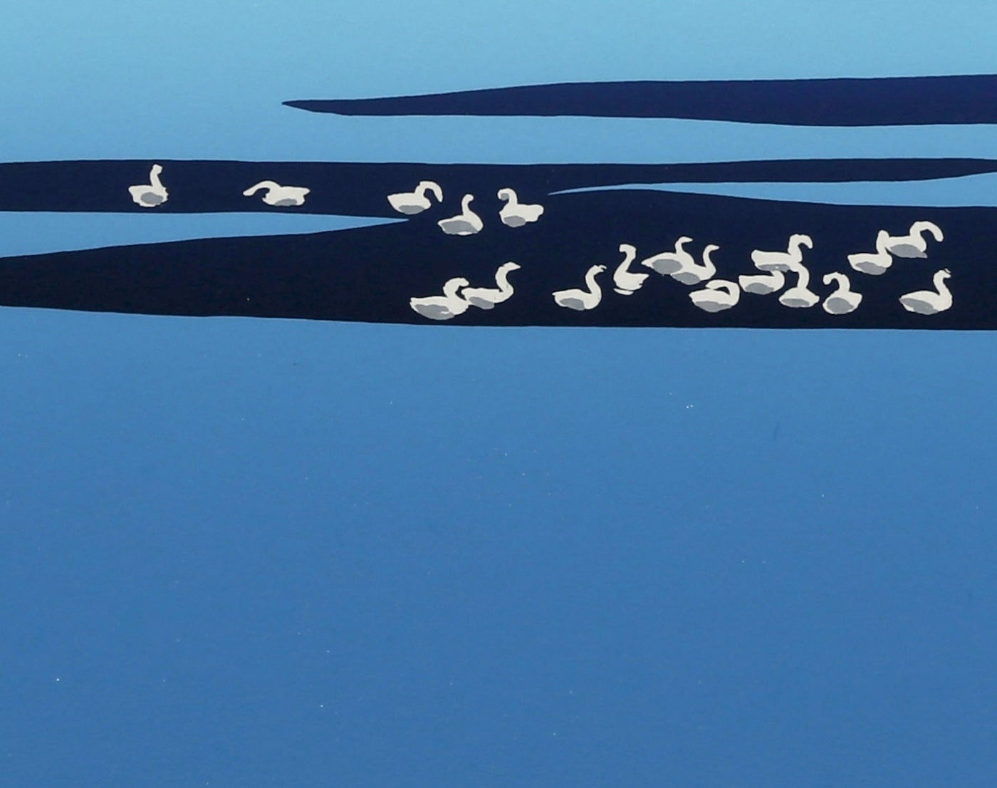 Three White Worlds (Shiretoko Mountain Range) featuring white swans on a serene blue landscape artwork.