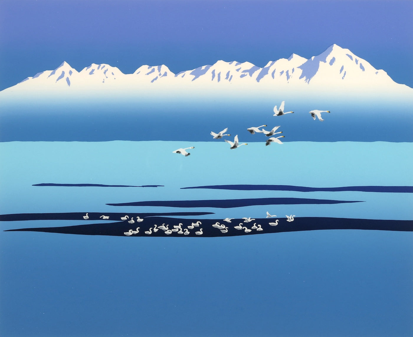 Three White Worlds (Shiretoko Mountain Range) - Japanese landscape artwork with serene mountains and birds.