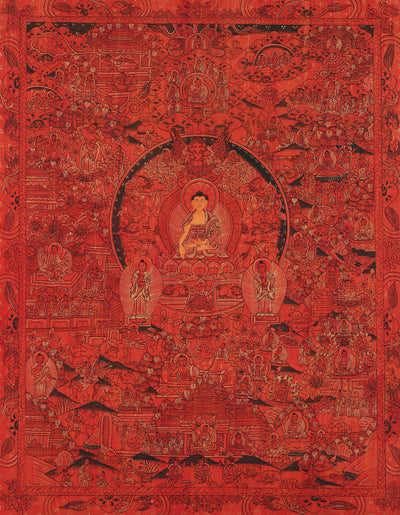 Life of Buddha Thangka by Nepalese Master Thangka artist Tashi Gurung from Upper Mustang, Nepal. Framed and ships from San Francisco, CA