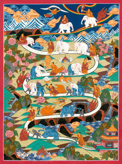 The Path to Nirvana by Nepalese Master Thangka artist Tashi Gurung from Upper Mustang, Nepal. Framed and ships from San Francisco, CA