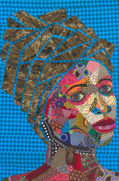 Bombay sunshine - vibrant South African art collage showcasing cultural heritage and color on blue background.