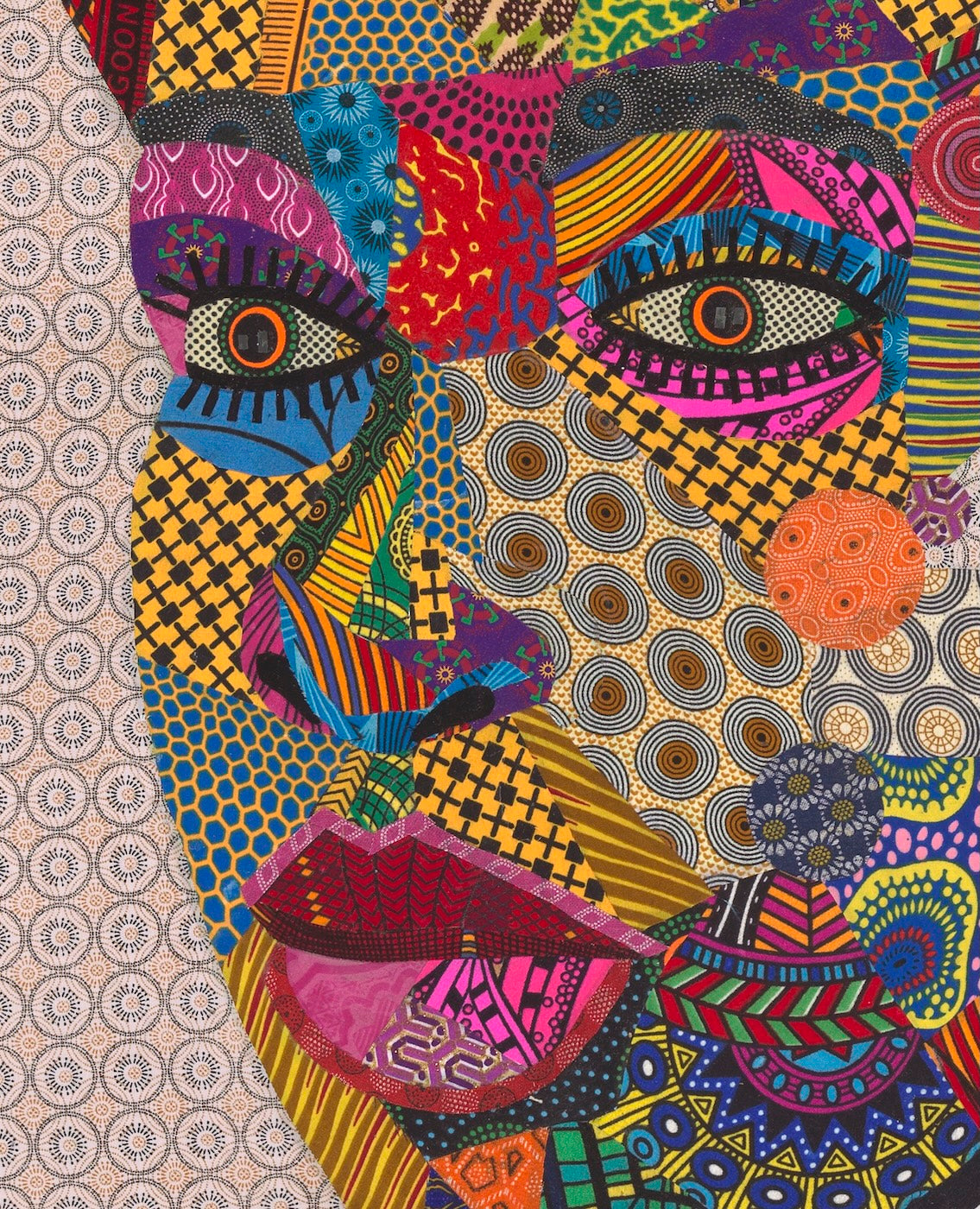 Ebony Blended Ivory - South African art canvas collage featuring vibrant patterns and colors inspired by Soweto.