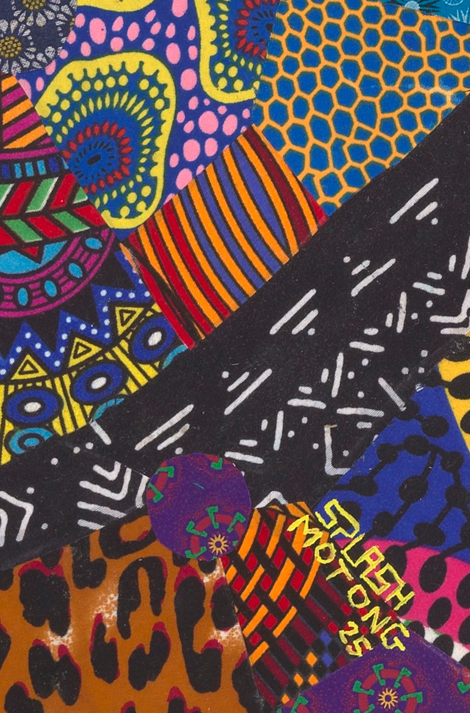 Ebony Blended Ivory - a vibrant Shweshwe fabric collage showcasing South African art and culture.