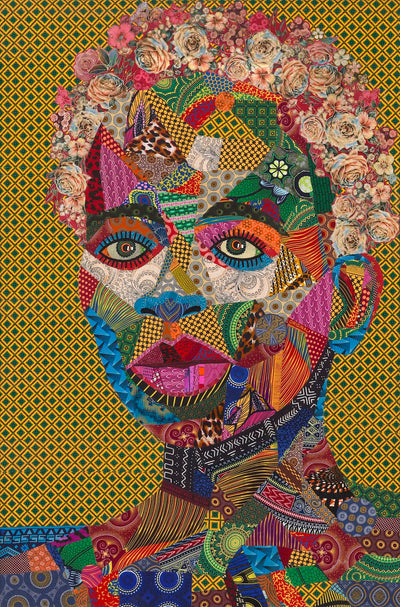 London Fog - vibrant shweshwe fabric collage, depicting rich South African art, showcasing diverse colors and textures.