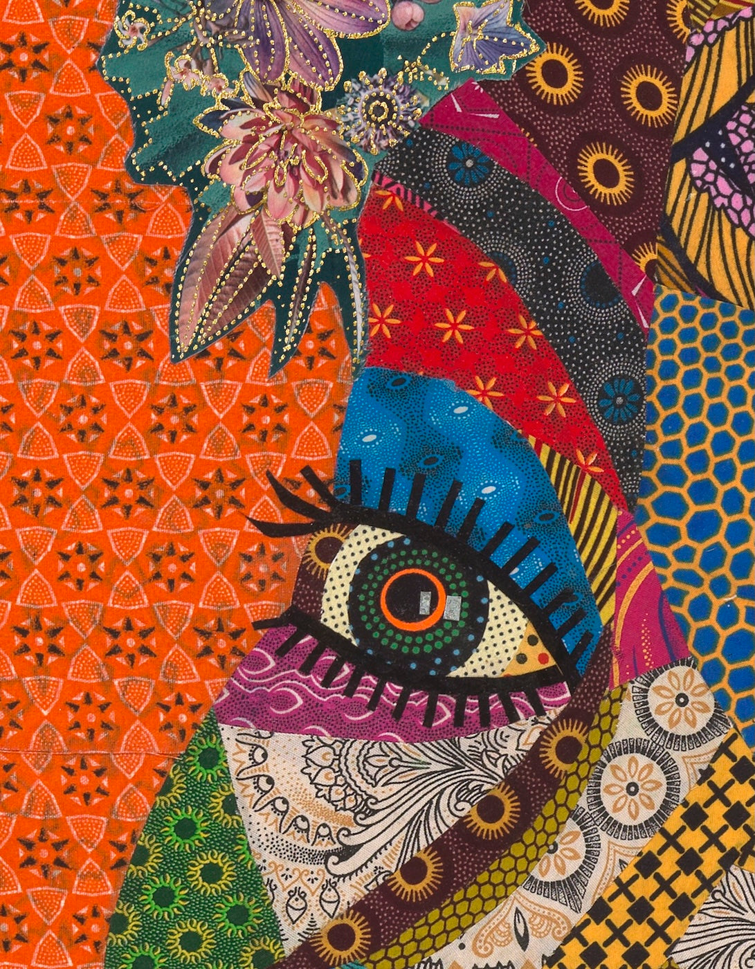 New Sensation, a vibrant Shweshwe fabric collage, showcasing South African art with rich colors and patterns.