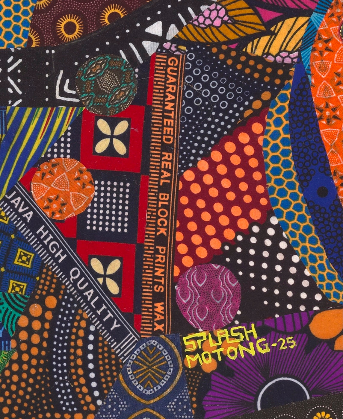 New Sensation: Vibrant Soweto-inspired Shweshwe fabric collage showcasing rich colors and patterns, reflecting South African art.