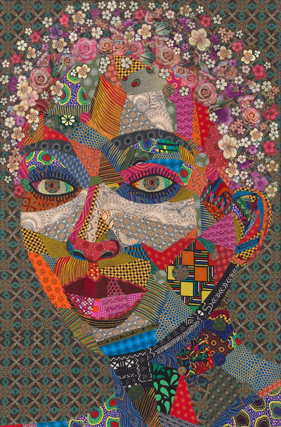 Nut-ntu Goddess, a vibrant Shweshwe fabric collage, representing South African art and culture.