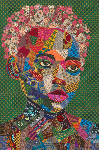 Vibrant collage of a woman adorned with flowers, inspired by Tanzanite Reflections and showcasing South African art.