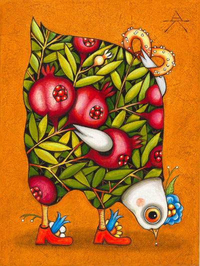 Ukrainian Art for sale. Pomegranate Chicken (Print) by Alyona Krutogolova, contemporary Ukrainian artist. Only at Art House SF. Canvas Print.
