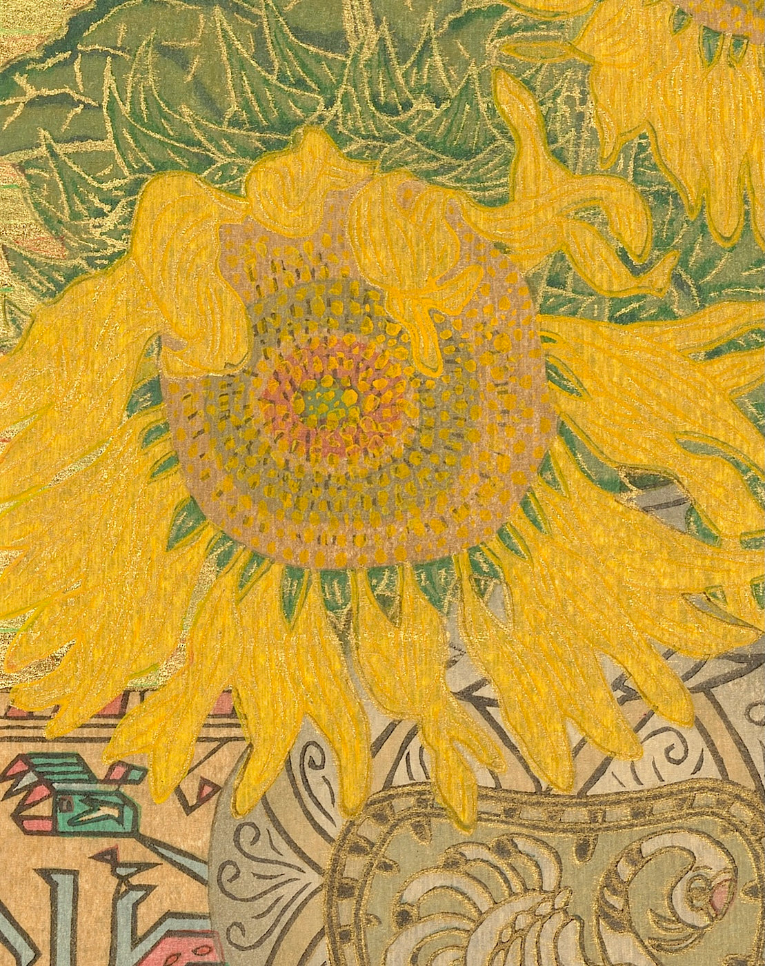 Bird and sunflower artwork showcasing vibrant sunflower details in a Japanese woodblock print style.