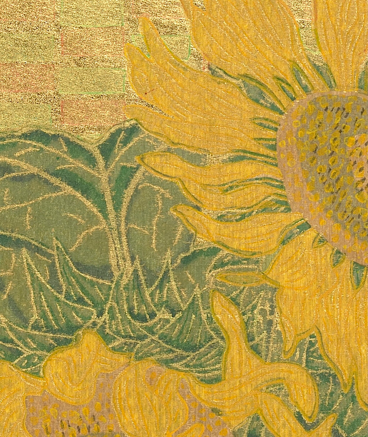Close-up of a handmade woodblock print featuring a vibrant sunflower and intricate gold details, titled Bird and sunflower.