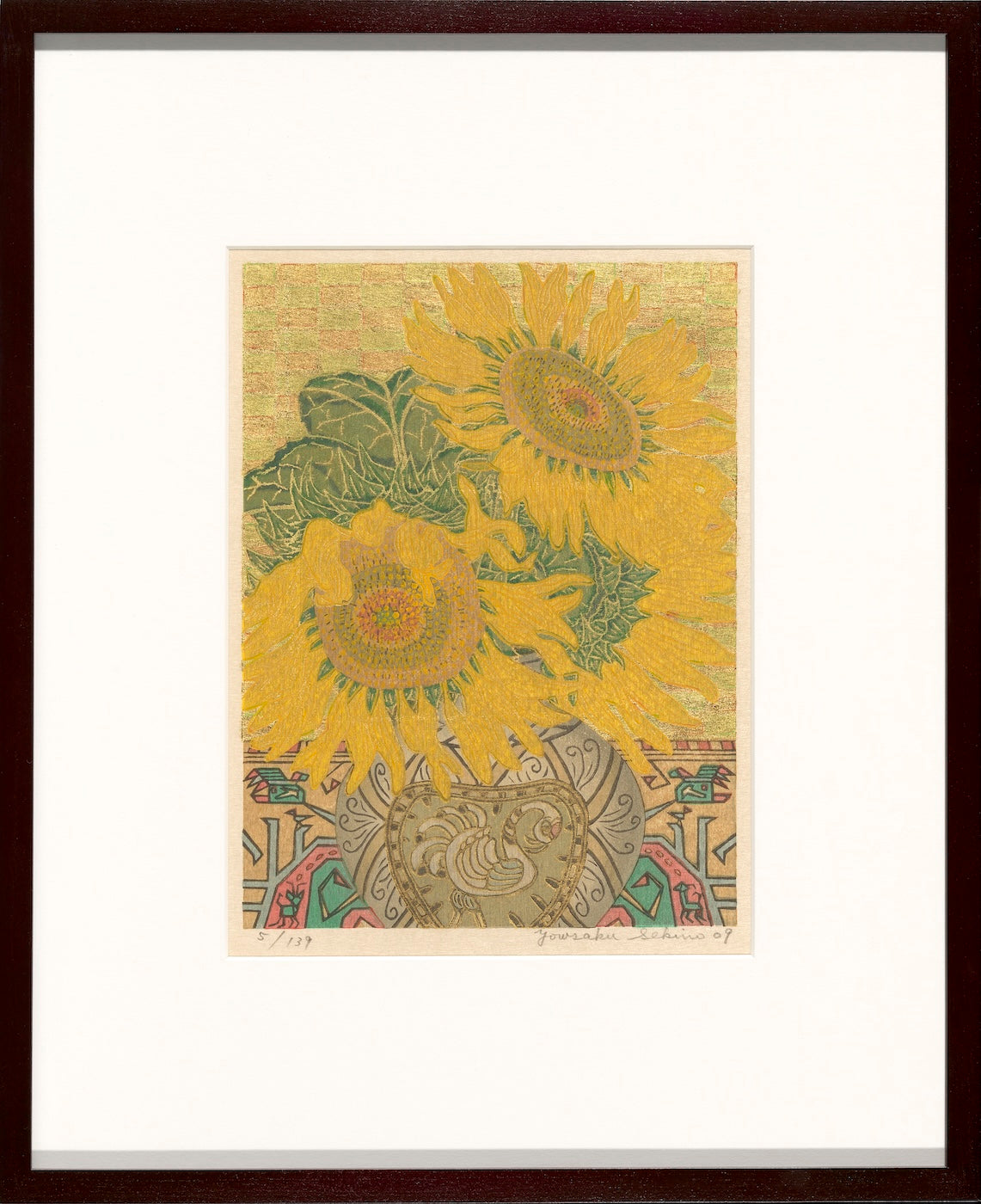Bird and sunflower, a handmade woodblock print featuring vibrant sunflowers in a decorative vase.