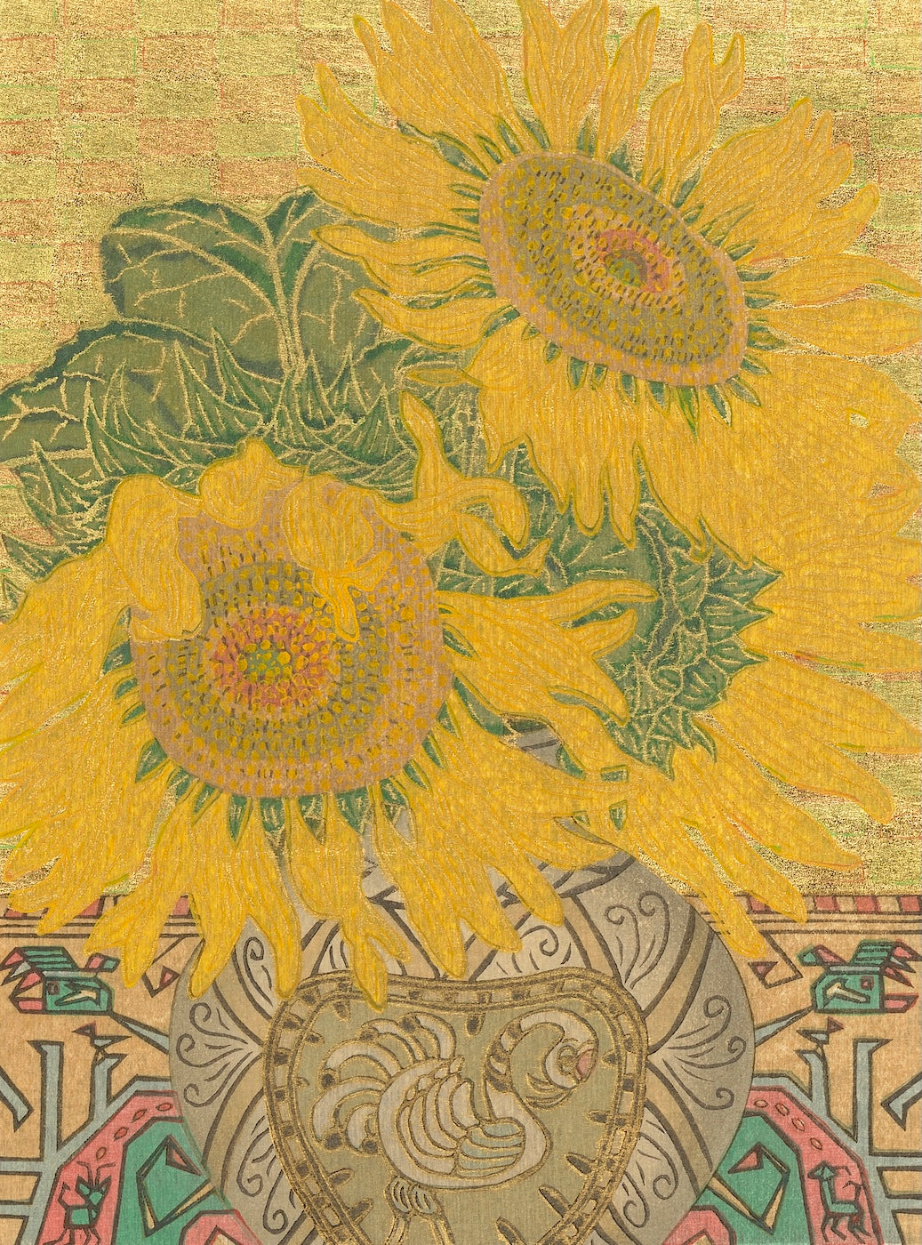 Bird and sunflower - vibrant still life painting by Yowsaku Sekino featuring gold leaf and Japanese art prints.