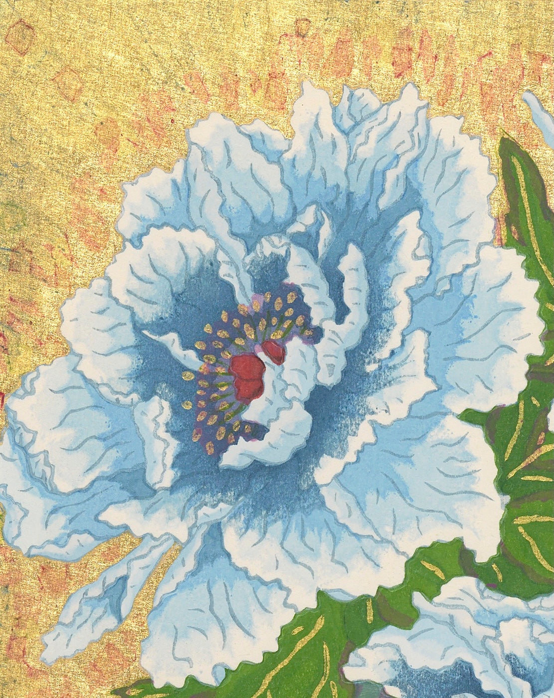 Blue Peonies with Glass - stunning Japanese art prints showcasing a detailed still life painting of blue peonies.