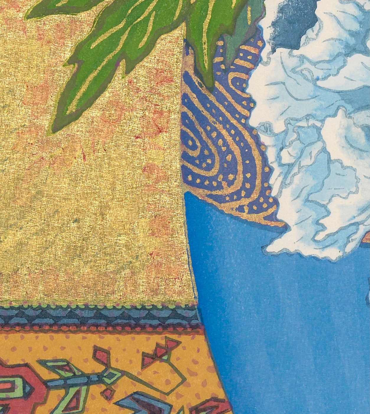 Detail of Blue Peonies with Glass, a still life painting showcasing vibrant colors and textures.