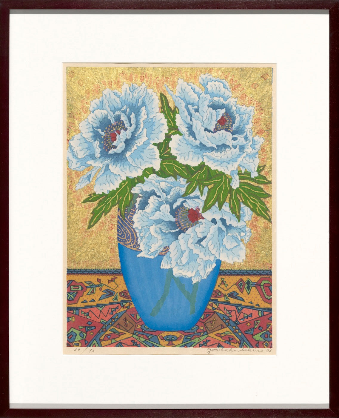 Blue Peonies with Glass, a still life painting by Yowsaku Sekino, showcasing Japanese art prints.