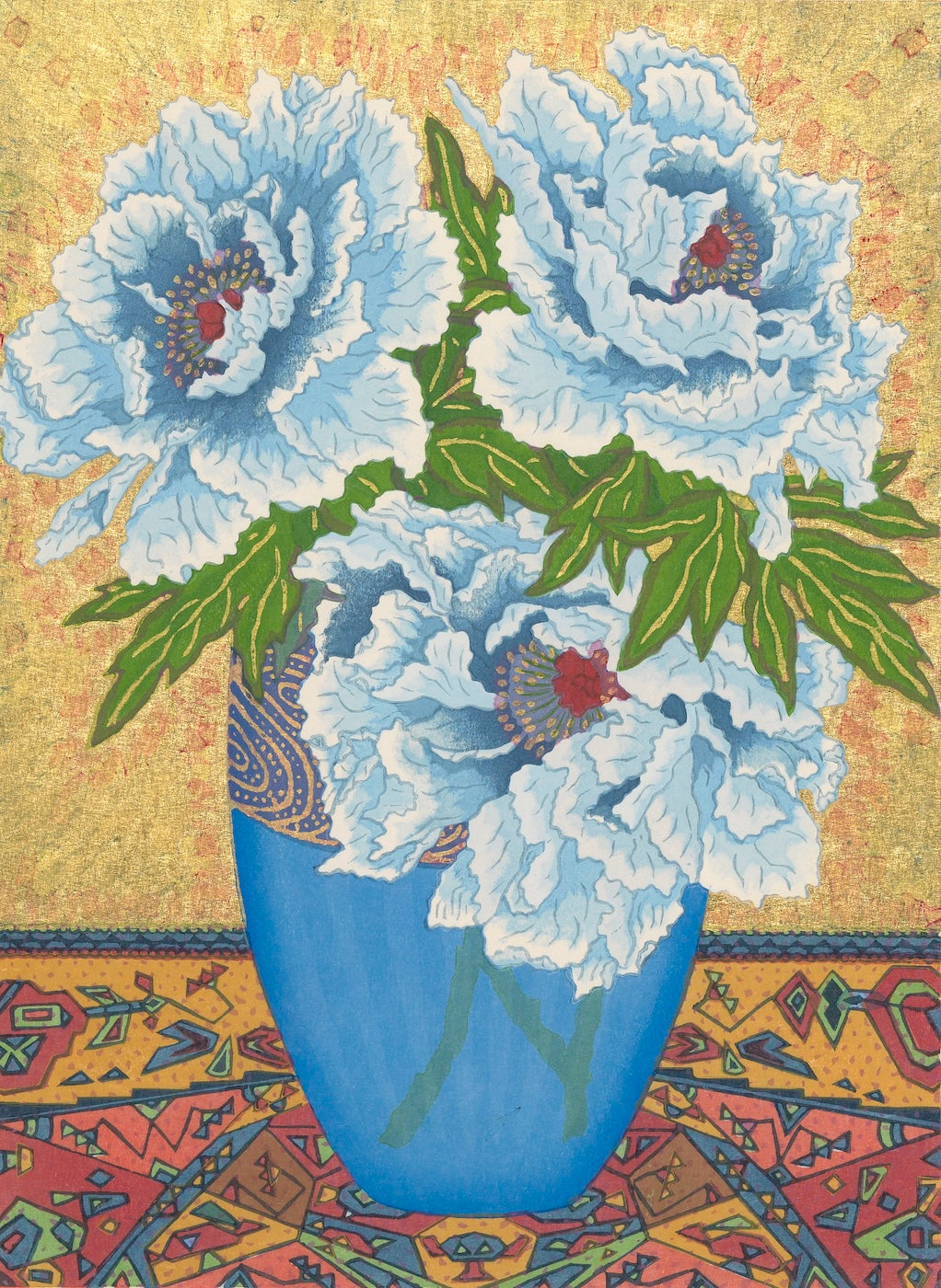 Blue Peonies with Glass, still life painting by Yowsaku Sekino featuring blue flowers and intricate vase design.